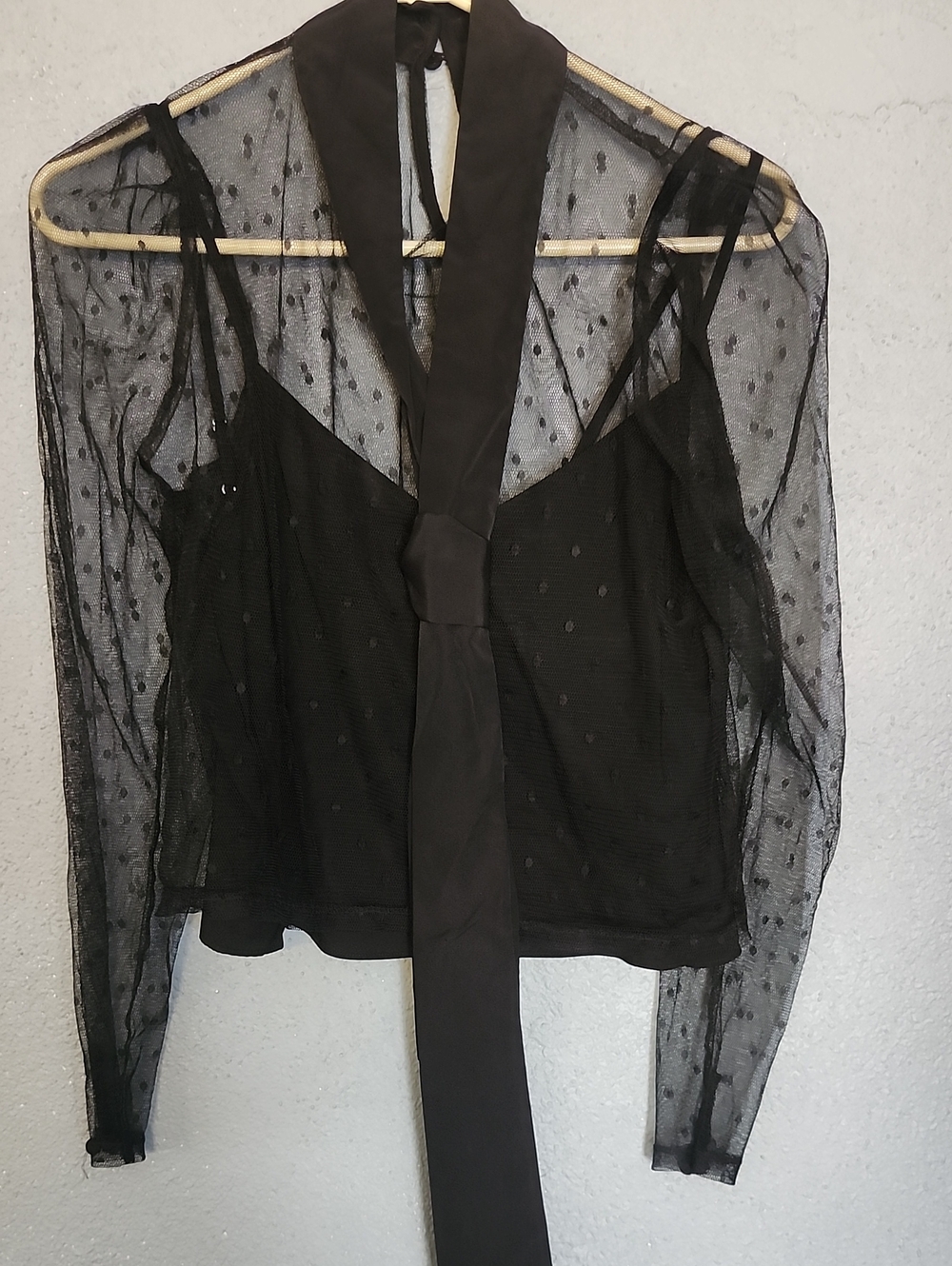 Express Black Sheer Polka Dot Tie-Neck Blouse